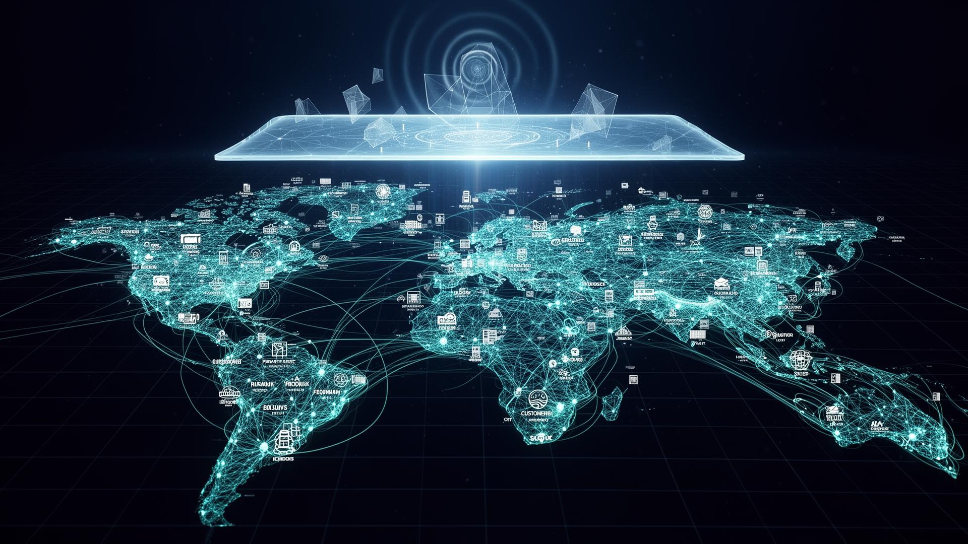 Cinematic visualization of a complex global value chain with a glowing AI intelligence layer coordinating businesses, logistics, payments, customers, and data systems